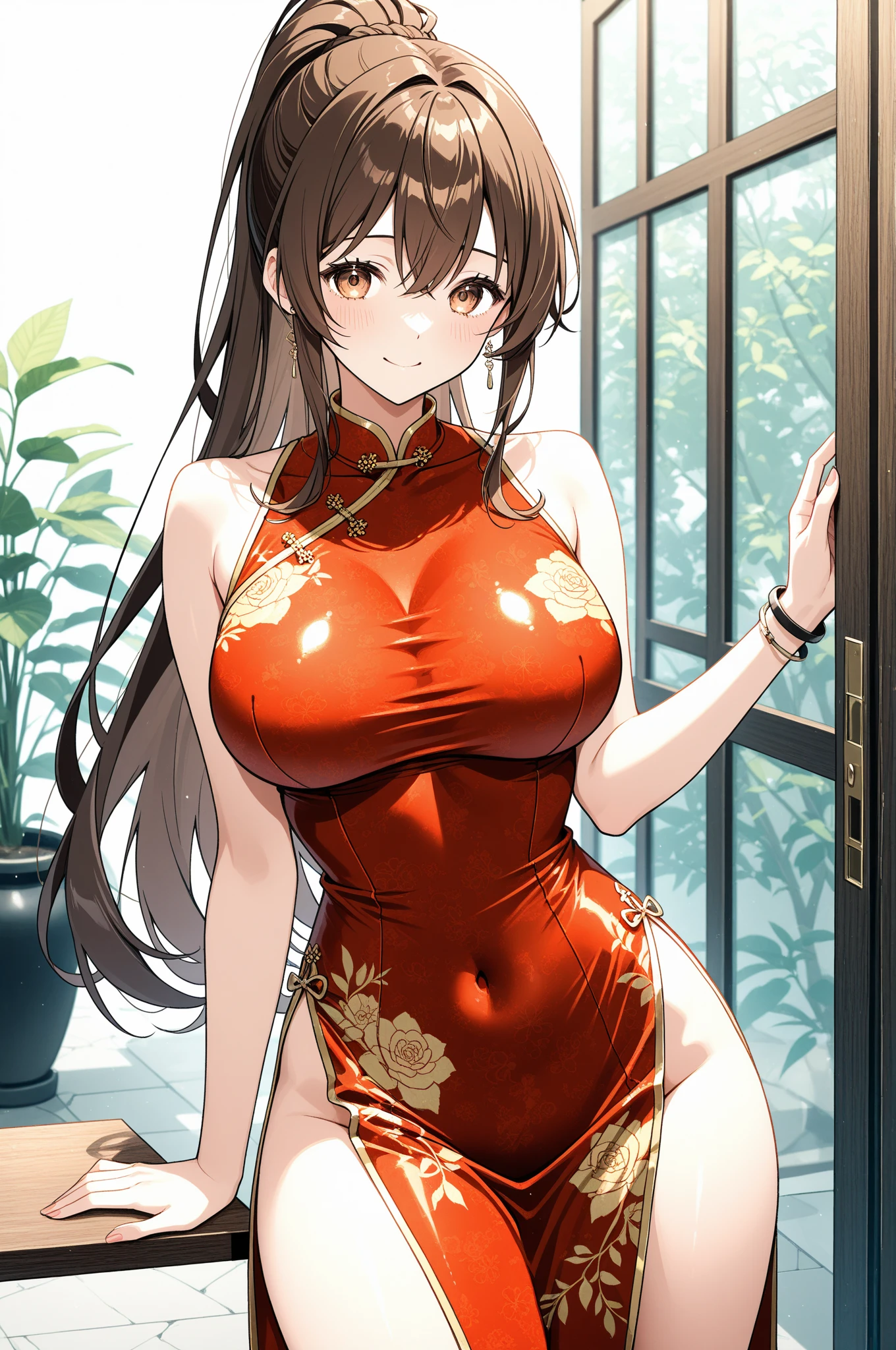 (masterpiece:1.2, highest quality), (realistic, photorealistic:1.4), beautiful illustrations, (natural ~ side lighting, movie lighting), NSFW,
looking at the viewer, face focus, Upper body, 1 girl, Japanese, high school girl, perfect face, Cute symmetrical face, (shiny skin:1.3), perfect eyes,
(double good:1.3, brown hair), asymmetrical bangs, brown eyes, (big breasts:1.3), thin waist,(big ass:1.2),
beautiful hair, beautiful face, fine and beautiful eyes, beautiful clavicle, beautiful body, beautiful breasts, beautiful thighs, beautiful feet, beautiful fingers,
((fine cloth texture, Sleeveless Red Micro Mini Cheongsam, Slit at waist)),
(beautiful scenery), evening, (Ramen shop), walk,(small smile, upper grade), ,((Please show me your armpits)),~ side ,
