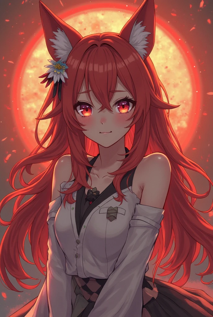 Create a beautiful red night with a red moon, red hair, yellow eyes, japanese girl, cleavage, busty,