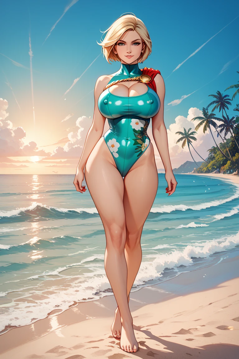 detailed, masterpiece, best quality, 1girl, score_9, score_8_up, score_7_up, narrow waist, huge breasts, wide hips, huge ass, thick thighs, smug, rebecca (cyberpunk edgerunners), bursting breasts, swimsuit, beach, abs, from below, twintails, underboob, thick lips,