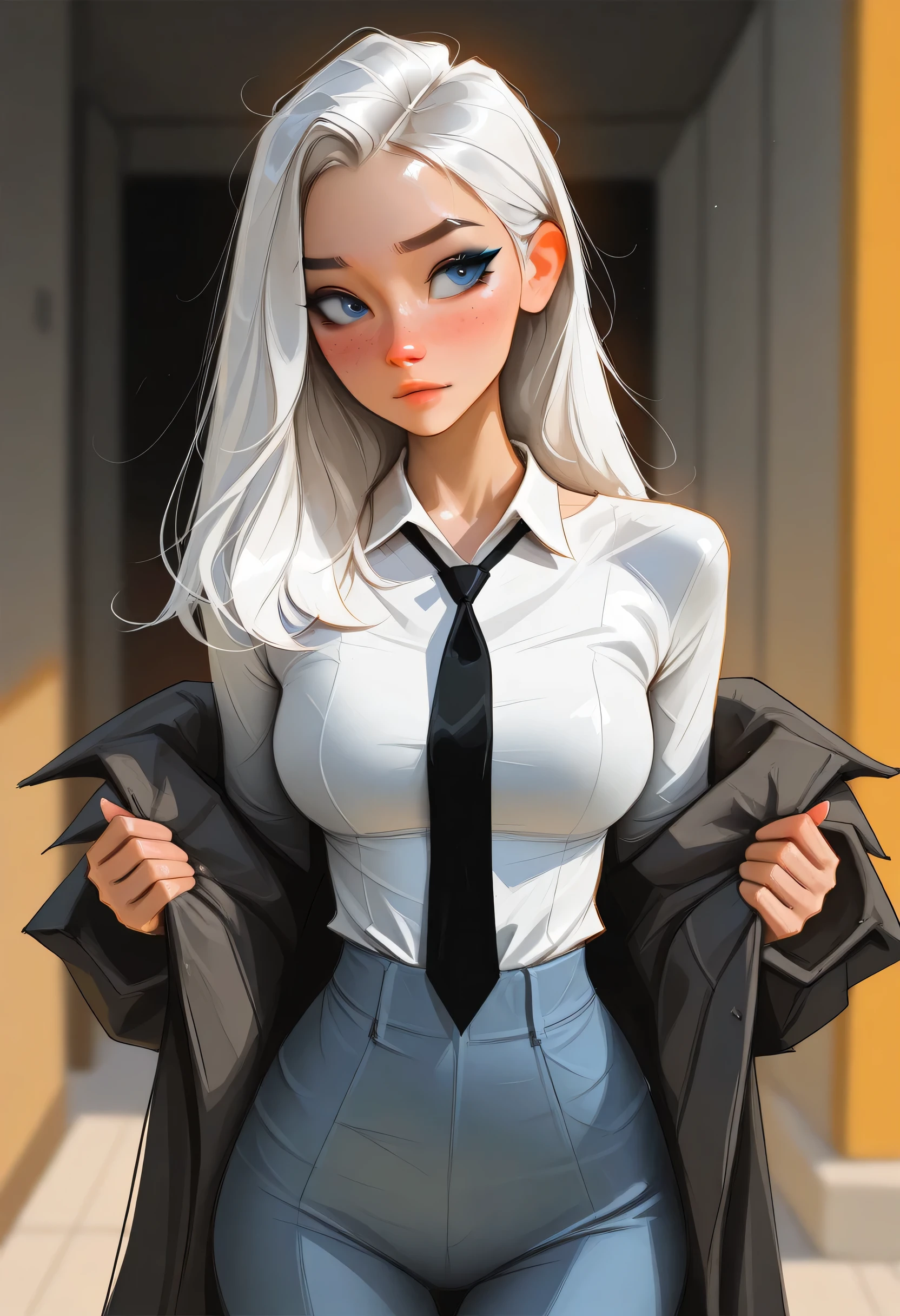 Eva Elfie, masterpiece, best quality, very aesthetic, movie quality, depth of field, soft saturation, focused subject, ,official style, shiny skin,1girl, long hair, long white hair, pastel blue_eyes,, feline eyeliner, e-girl, slender body, , ,, medium breasts, , furcoat, skinny tie, , eye makeup, freckles, blush, evaelfie, ashe, sam yang, dress shirt, cigarette
