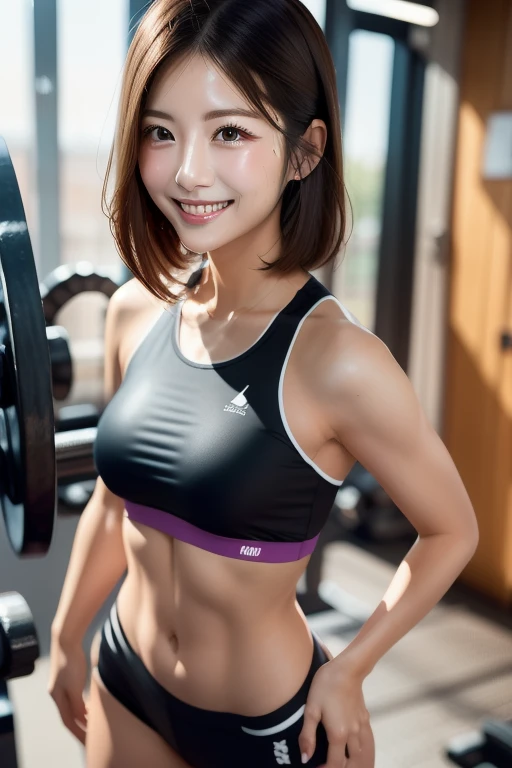 (Highest image quality, Outstanding details, Ultra-high resolution), 1 girl, Set((Futuristic military equipment, Set inspired by fitness wear, Military wiring harness, Military equipment,For example, military pouches)), (Attractive figure:1.2, Fit body, a little fat:0.5, Plump lower body), Background military base, A big smile of joy and excitement, Dynamic poses, Dramatic Lighting,