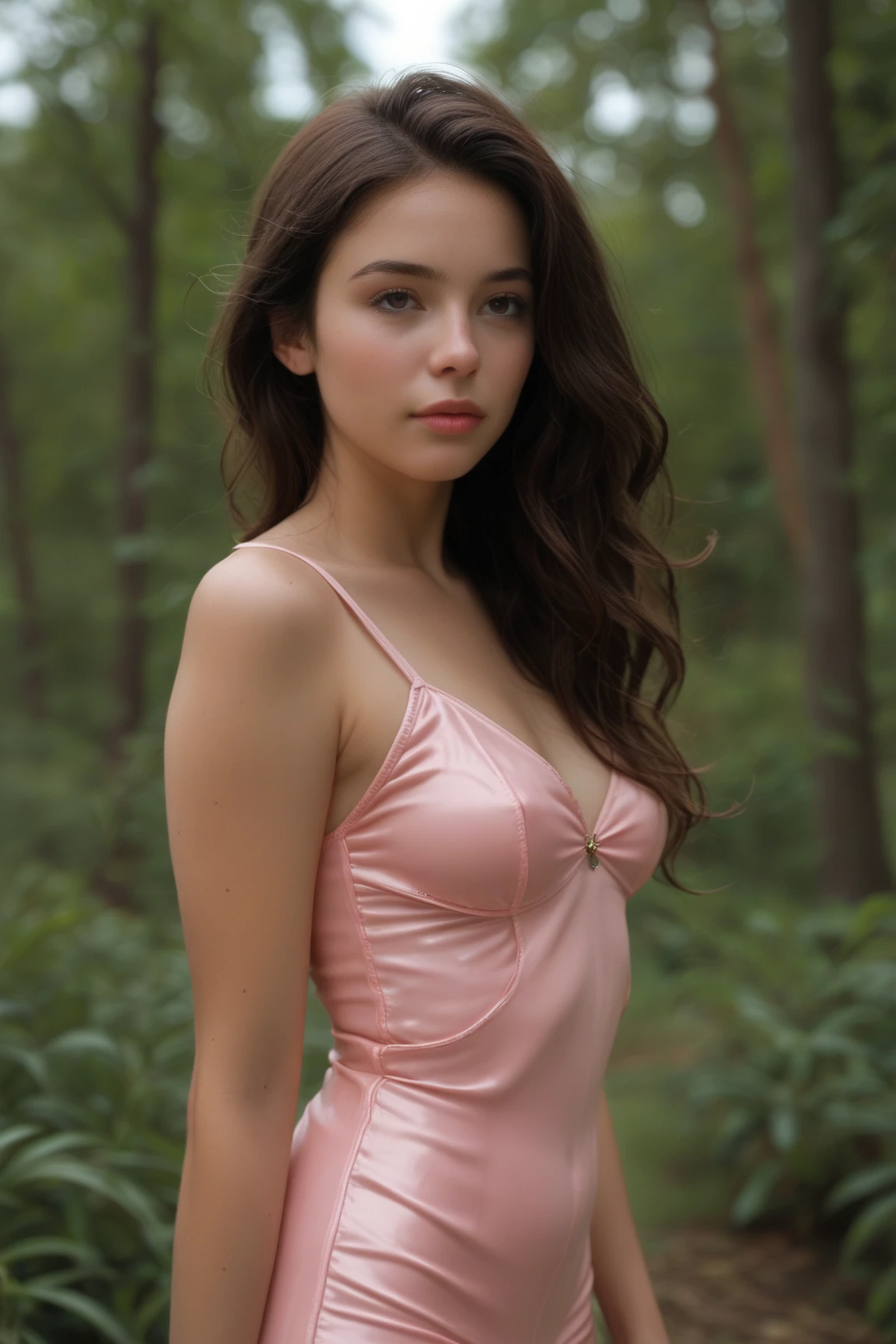 A single woman, twenty years old, European features. Very pale white skin. feminine figure, messy brunette hair, freckles, best quality, realistic skin texture, smiling, full body portrait, dimples, highly detailed light green eyes, black eyeliner, red lips, photography, detailed facial features, film grain texture and high contrast, extremely high-resolution details, photographic, photorealistic, hyper-realistic, HDR, masterpiece, long hair. Wearing a red sundress, bare shoulders, no bra, no shoes. Medium sized breasts. Standing side on looking at the viewer. In a park, short grass, trees and a lake in the distance. Blue skies.