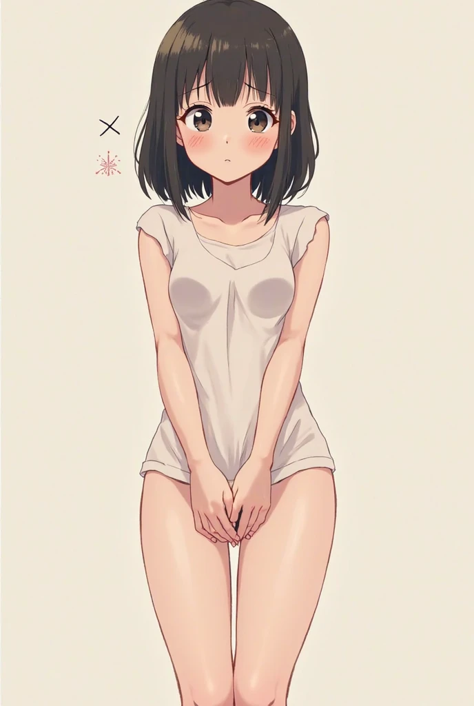 a beautiful young woman with brown hair and bangs, wearing a grey cardigan and socks, with a slim figure and flat chest, posing seductively against a heart-patterned background, highly detailed, photorealistic, 8k, masterpiece,(nsfwnude)