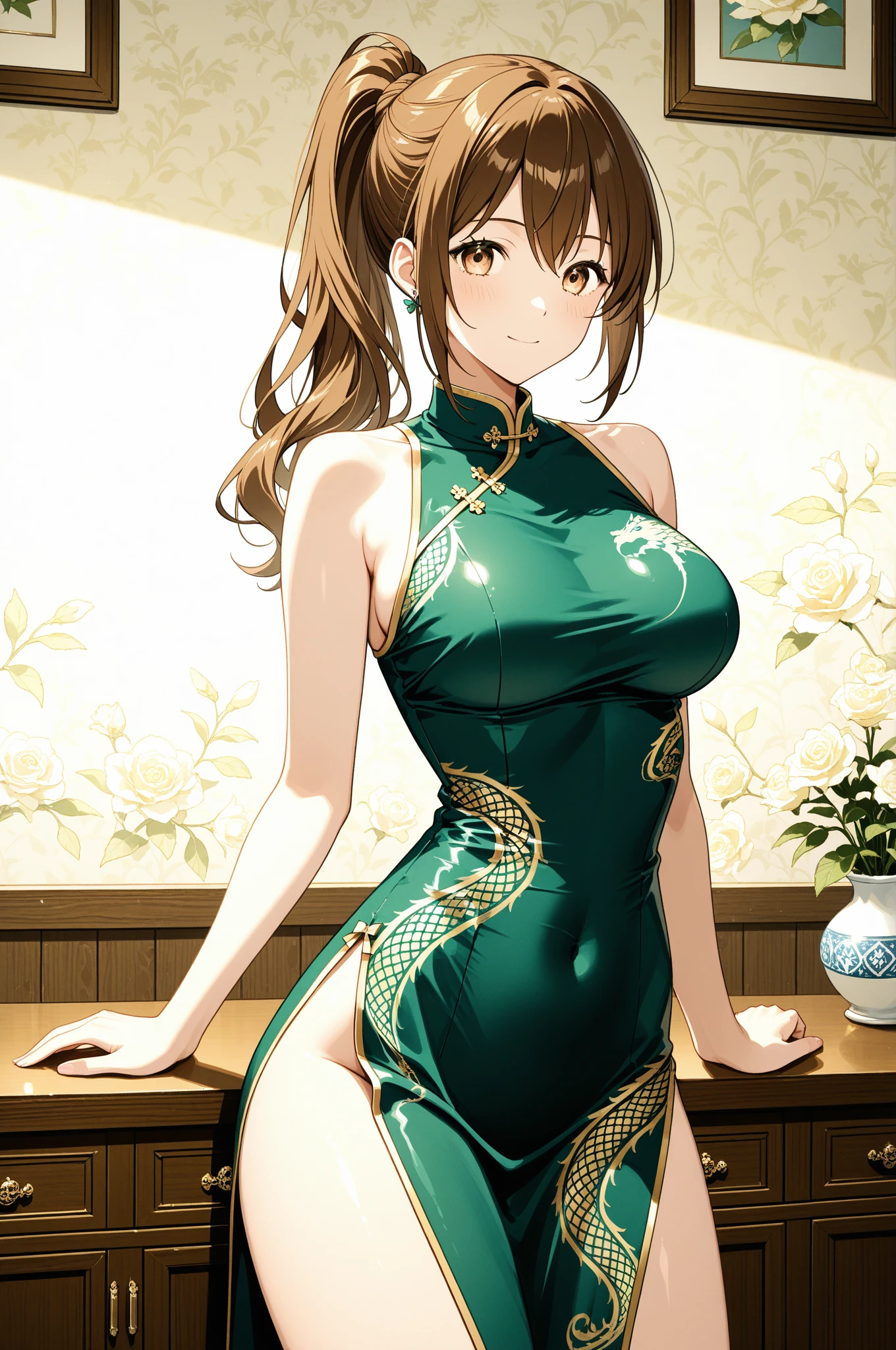 Yuno Shimazu、Shiny brown hair,Long Hair,  、((2 braids:1.5、Hair that falls over the shoulders)),Beautiful brown eyes、Sparkling eyes, Fine grain、smile、Super detailedな目、Highly detailed face, Highly detailed eyes,Cowboy Shot、


((masterpiece, Highest quality, High resolution, 超High resolution, Pixel perfect, Depth of written boundary, 4K, RTTX 10.0, High resolution))),
1 person, Absurd, Sleeveless cheongsam mini dress, Sharp focus, Depth of written boundary, Perfect body, Perfect Anatomy, Sharpness, Absurd, employment, Super detailed, Sharp focus,  Depth of written boundary, Perfect body, Perfect Anatomy, Shibuya Street, Dancing, Motion Blur, Looking at the audience,