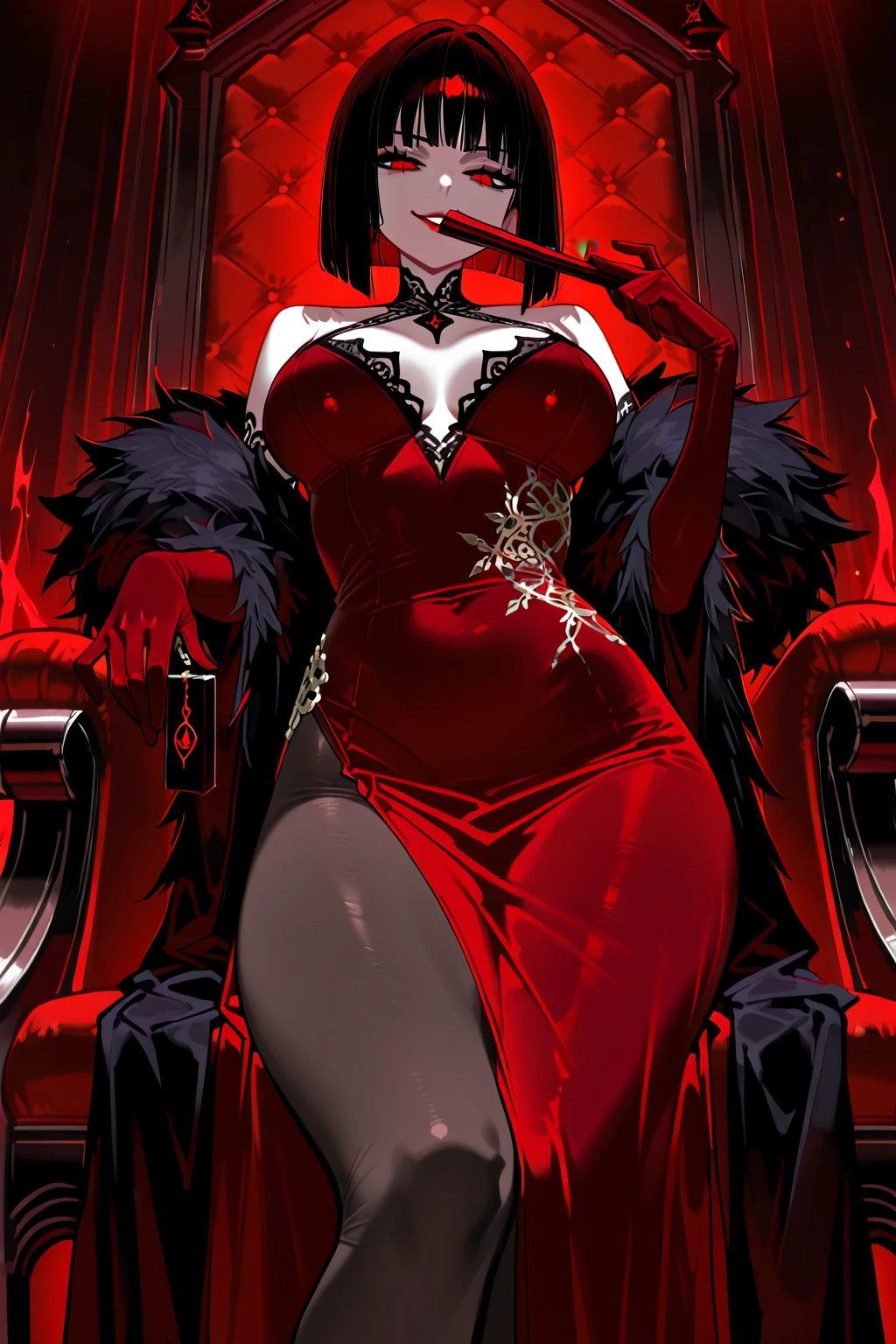 (full body:1.4),((ultra realistic illustration:1.2)),(dark fantasy:1.4), (seductive). In a ornate bed chamber. Beautiful vampiress. long black hair, red eyes, ((very pale:1.4)), beautifully fit figure, natural perky breasts. Blood red lipstick, long sheer gown, .Masterpiece, (highly detailed:1.2),(detailed face and eyes:1.2), 8k wallpaper, natural lighting. core shadows, high contrast, bokeh.