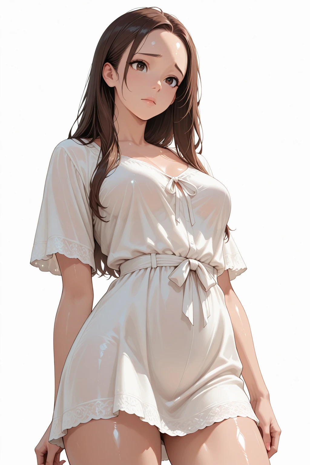 1girl, natural lighting, masterpiece, highly detailed, illustration, game CG, absurdres, high quality, beautiful detailed eyes, glossy lips, natural lighting, medium breasts, klaudia valentz, standing, blush, ((oversized v-neck t-shirt))