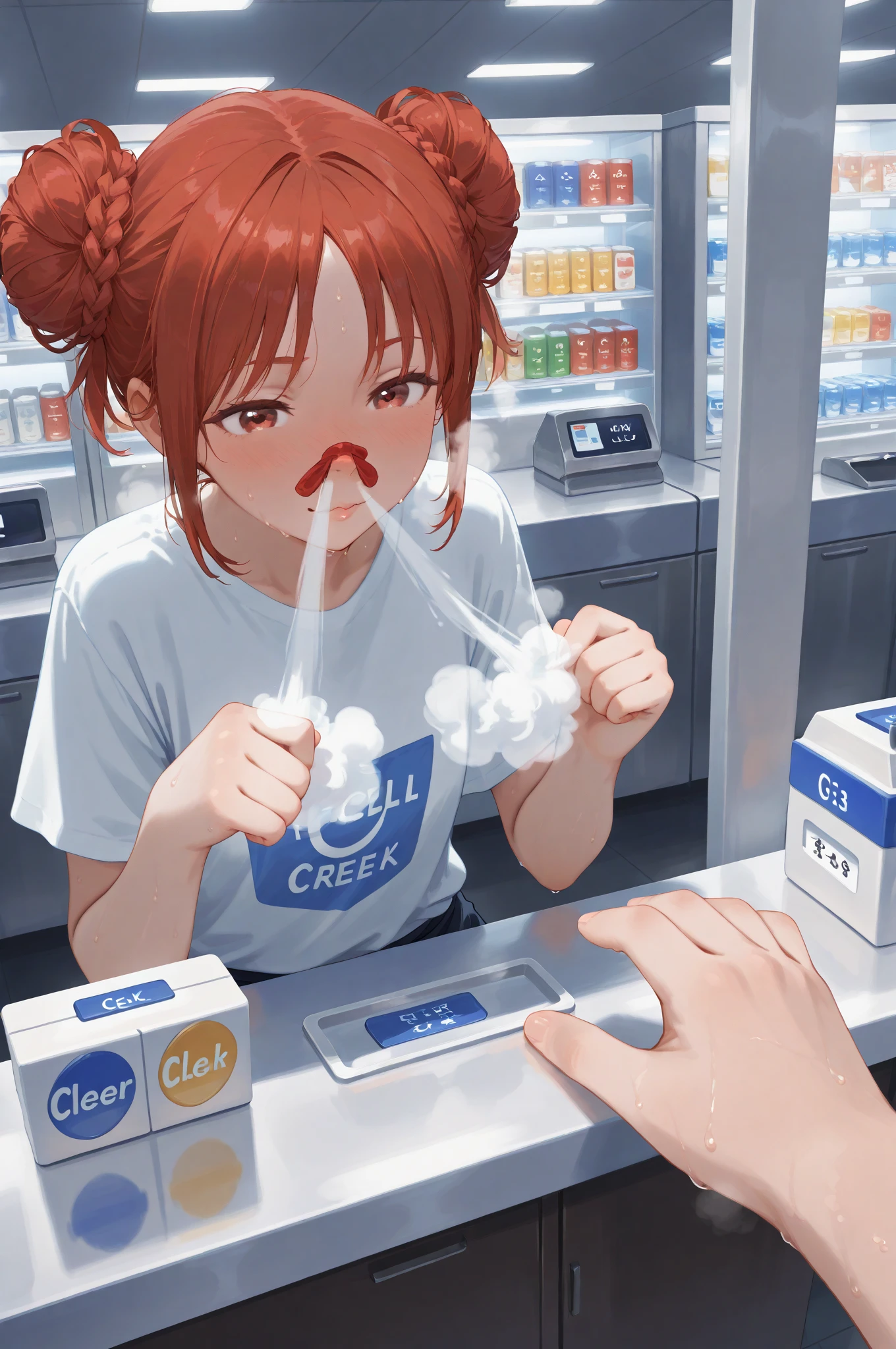 a woman is drinking from a box with the word h on it's side and a box with the word h on it's side, 1girl, solo, long_hair, blue_eyes, blonde_hair, simple_background, shirt, long_sleeves, white_background, holding, twintails, upper_body, white_hair, hand_up, from_side, profile, low_twintails, pink_shirt, drinking, milk_carton