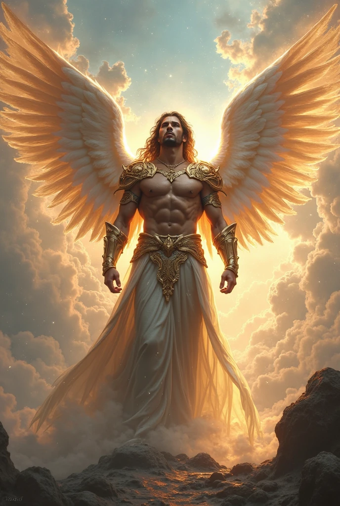9k, Appearance of Archangel Michael, It has big wings, He has a handsome face. The appearance of God is visible, The appearance of a large muscle group