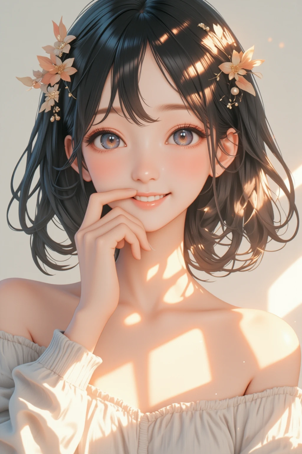 Girl Holding Flowers Interior Wooden House Warm Sunshine Medieval Style Selfie Angle Early Morning Smile Huya Wildflowers Fill Room 2K Flower Sea HUD Petals Face Details Clear Eyes