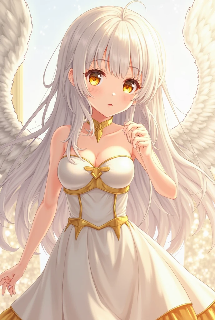masterpiece, best quality,1girl,medium breasts,white hair,angel wings,golden eyes,golden halo above head,white dress,smiling,looking at viewer,