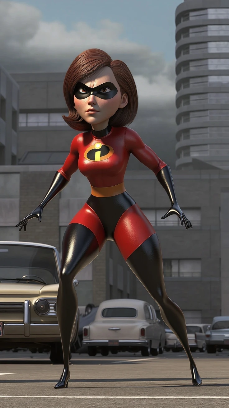 full body shot photo of a helenparr, <lora:helenV3:0.7>, 1girl, solo, short hair, brown hair, gloves, brown eyes, bodysuit, mask, superhero, domino mask, standing, hourglass figure, bokeh background, simple background, (highly detailed skin:1.0), (masterpiece:1.2) (photorealistic:1.2) (bokeh) (best quality) (intricate details) (8k) (HDR) (analog film) (canon d5) (cinematic lighting) (sharp focus),