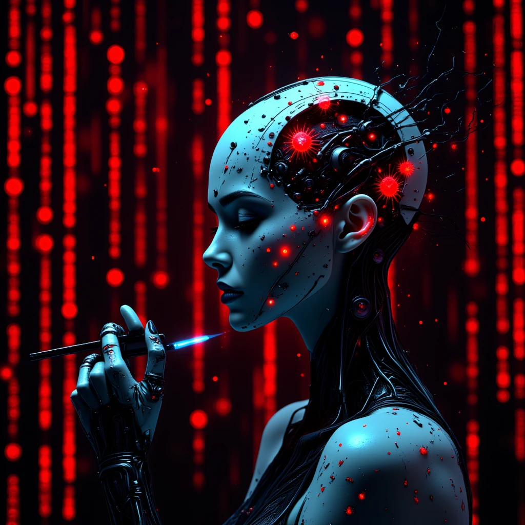 A digital artwork depicts a female cyborg in profile view against a matrix-like background of red binary code streams. The cyborg subject features pale, metallic skin with integrated circuit patterns and cybernetic enhancements visible across her face and neck. Red virus particles with spike proteins float throughout the digital space surrounding her head. A cybernetic hand with metallic fingers holds a digital stylus that emanates streams of cyan light. The composition employs dramatic side lighting that casts red and cyan colors across the subject's features, creating strong contrast between light and shadow. The close-up framing emphasizes the seamless merger of organic and technological elements in the subject's face, while the background binary code streams remain slightly out of focus. Digital art with dramatic side lighting and shallow depth of field creates contrast between sharp foreground elements and soft background details.