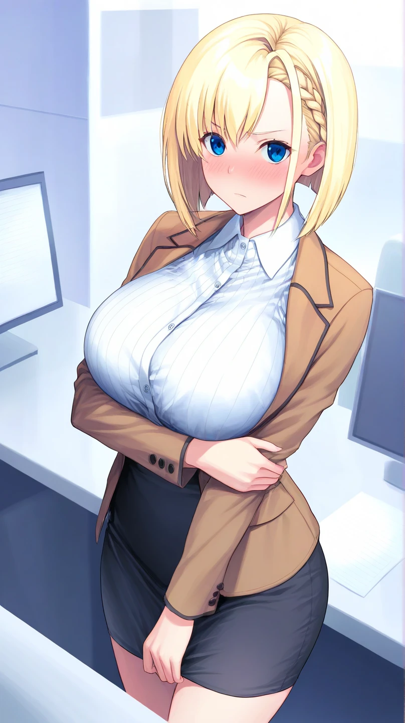 1 woman (mature milf, huge breasts, large breasts, curvy, voluptuous,clompletely nude, nude, pussy, nipples, blonde hair, blue eyes, red lips, earring, necklace, grinning, standing), 1 man (old man, male office suit, standing behind a woman), age diference, office, indoors