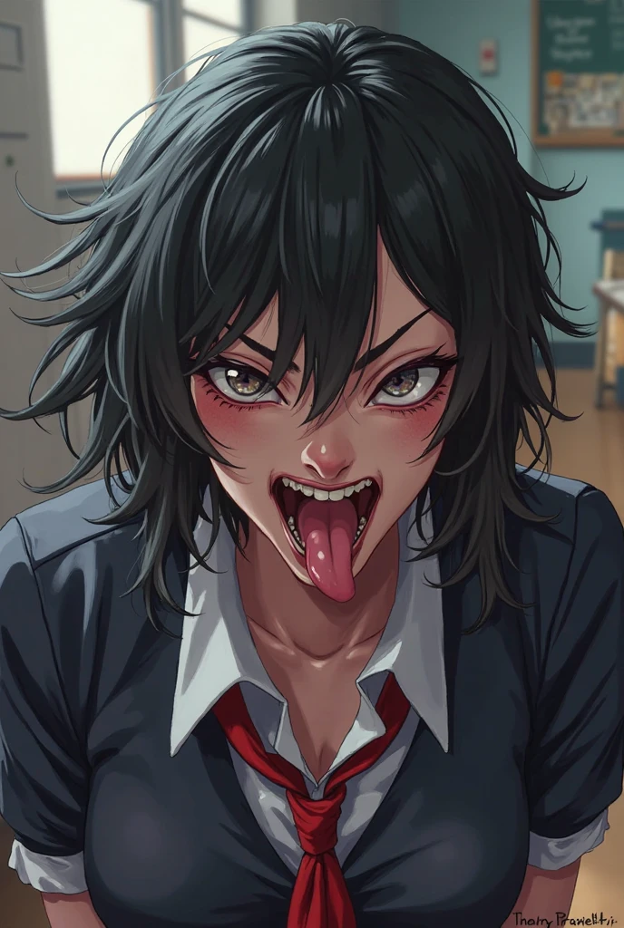 masterpiece, best quality,realistic,absurdres,1girl,looking at viewer, blush, tongue, rolling eyes, ahg, ahegao, living room, skinny, sweating, steam, messy hair,  black hair, goth punk, messy hair, bedhead, black collared shirt, red tie,