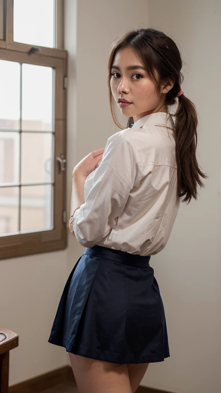 Tied up woman、(((Fold your hands behind your back、Cross your wrists)))、(Bind your wrists with a thin rope)、Beauty、Well-formed face、Shiny long black hair、Even out the eyes、Inside a luxurious room、Please show me your whole body、White short sleeve shirt、Navy Semi-Long Skirt、Panty lines、Wear pumps、Are standing、Back view、Age 25、Medium build、Like a real photo、Highest quality, Light brown hair, Straight hair, Shiny Hair, Part your lips, Anxious face, Surrealism, Hyperrealism, Verism, Cinema Lighting, tachi-e, First Person View, Nikon, 超High resolution, Anatomically correct hand, Highest quality, High resolution, 8K,