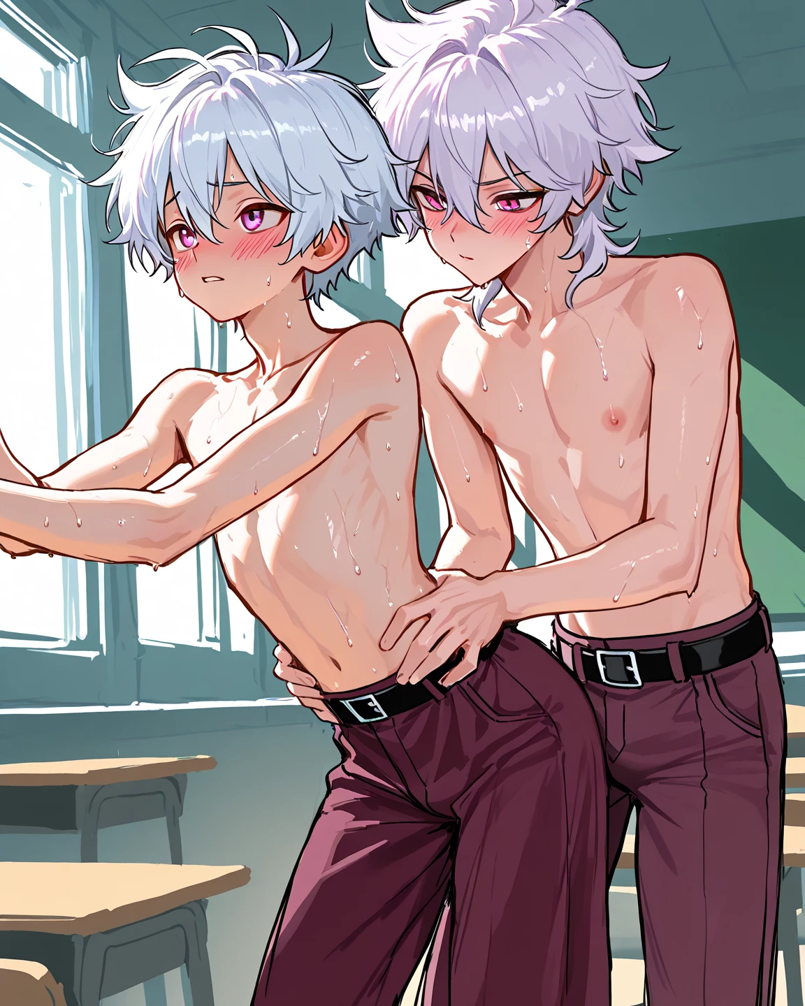 beautiful eyes,{best quality}, {very aesthetic}, {ultra-detailed}, {best illustration}, nsfw,(2boys:1.9),eyes wide open,(silver hair:1.3),(long hair:1.9),(Fox ears:1.2),((testicles, perineum:1.4)),2d,Anime Face,(No tear bags),(bangs between eyes),((flat chest)),Steamy skin,skiny boy,(pale skin:1.4),Transparency,A seductive smile,(fem boy),(flat chest),dooring,((blushing)),Beautiful Nose,perfect anatomy,teen ager,Medically correct human body,flat chest,(shota:1.8),(otoko no ko:1.8),(pov foccus),(2eyes),Swelling,(Perfect Nakedness:2),(bukkake:1.8),(cum in ass:1.8),Lift your butt,Lower your upper body,ass focus,Red and wrinkled anus,Embrace,(pov hands:1.5),(anus grab:1.2),open anus