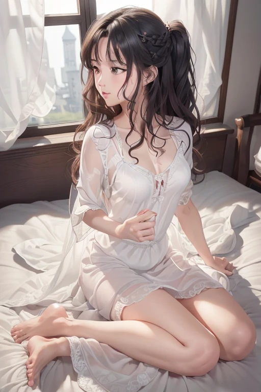 Highest Resolution,Highest quality,Beautiful girl wearing a gown and holding a plastic bottle in her bedroom,underwear,up,White gown,