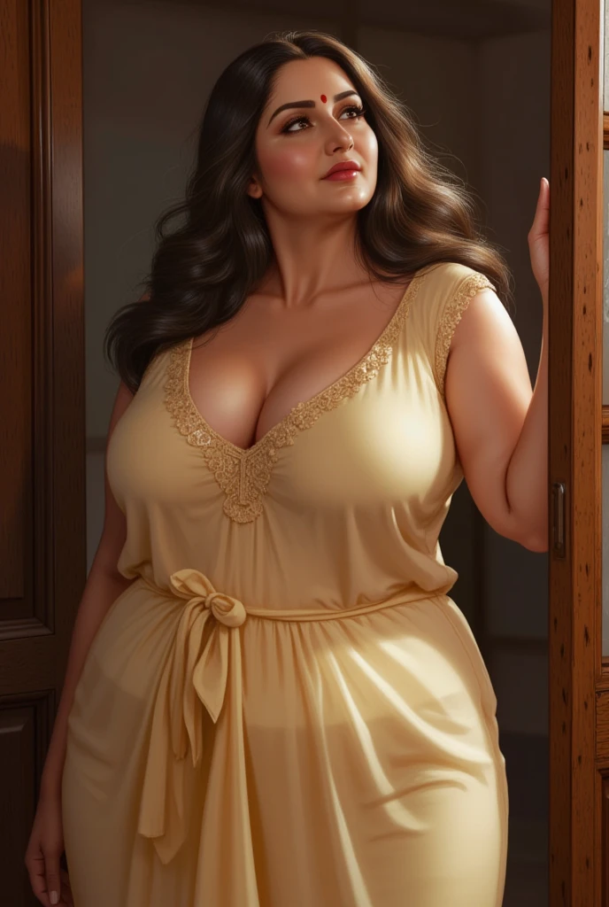 face mix of Salman khan and Shahrukh Khan, as a 25 years old Russian woman and 9 months pregnant woman, wearing skirts, wearing Western outfit, cleavage , big breast, plus size model, beautiful face, long brown hair, confident princess look from Kamasutra,  sexy curve, sexy look, sexy dress,full body picture 