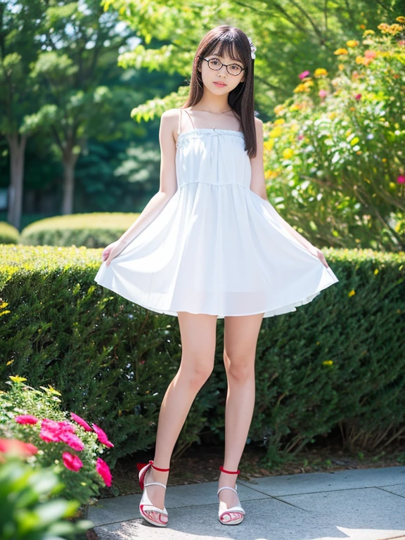 10 years old、cute woman、cute face、cute smile、(10 years old )、slim body、full body shot、80mm、well-shaped chest、slightly larger breasts、lazy smile、Open-chested tank top、mini skirt、medium long hair、dark brown hair、garden、Squirting、cherry blossoms、because I'thin、Beautiful and thin legs、clear white skin、sit on top、