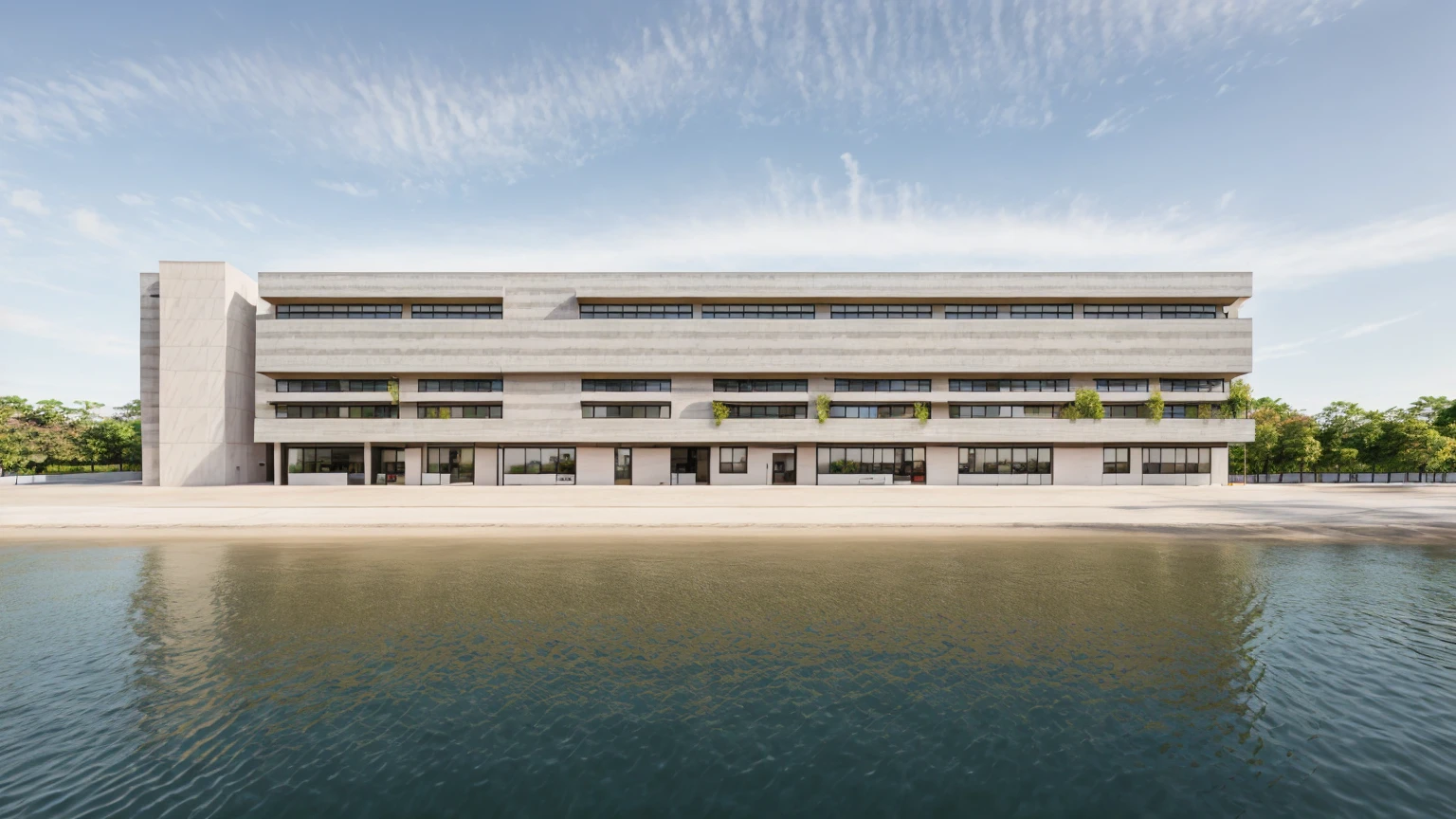 A modern corporate office building 4 storey, red , white facade, [few windows] , [few glass wall], minimalist and clean architectural style. The structure is multi-story with wide windows, minimal glass facade, sleek design lines, and a contemporary main entrance. Surrounded by green lawn and clear blue sky, with flags fluttering at the front. A company logo is displayed on the facade. Shot in daylight from a cinematic wide-angle perspectiv