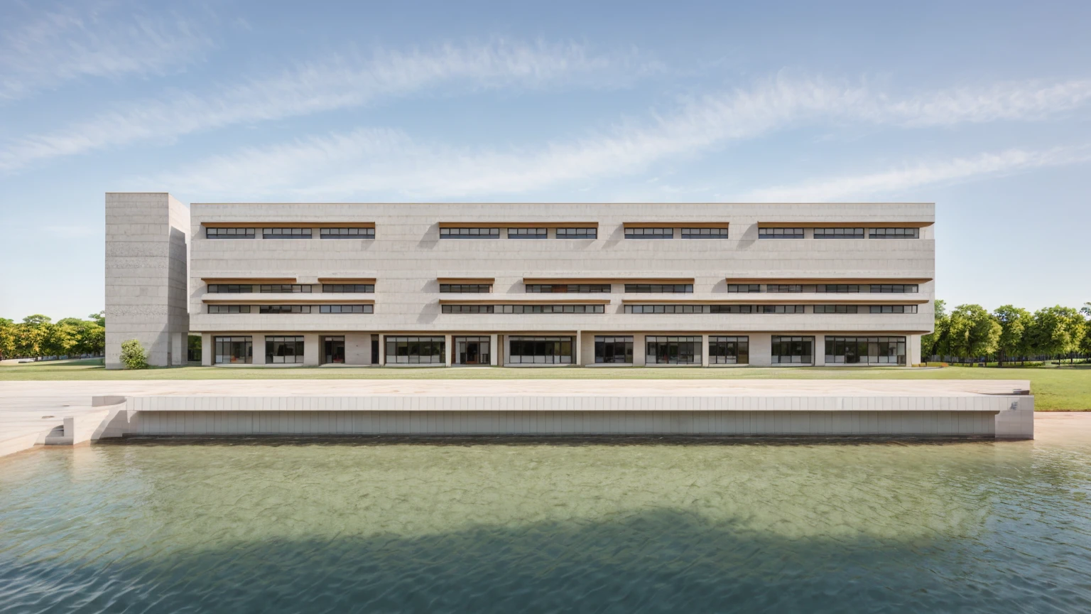 A modern corporate office building 4 storey, red , white facade, [few windows] , [few glass wall], minimalist and clean architectural style. The structure is multi-story with wide windows, minimal glass facade, sleek design lines, and a contemporary main entrance. Surrounded by green lawn and clear blue sky, with flags fluttering at the front. A company logo is displayed on the facade. Shot in daylight from a cinematic wide-angle perspectiv