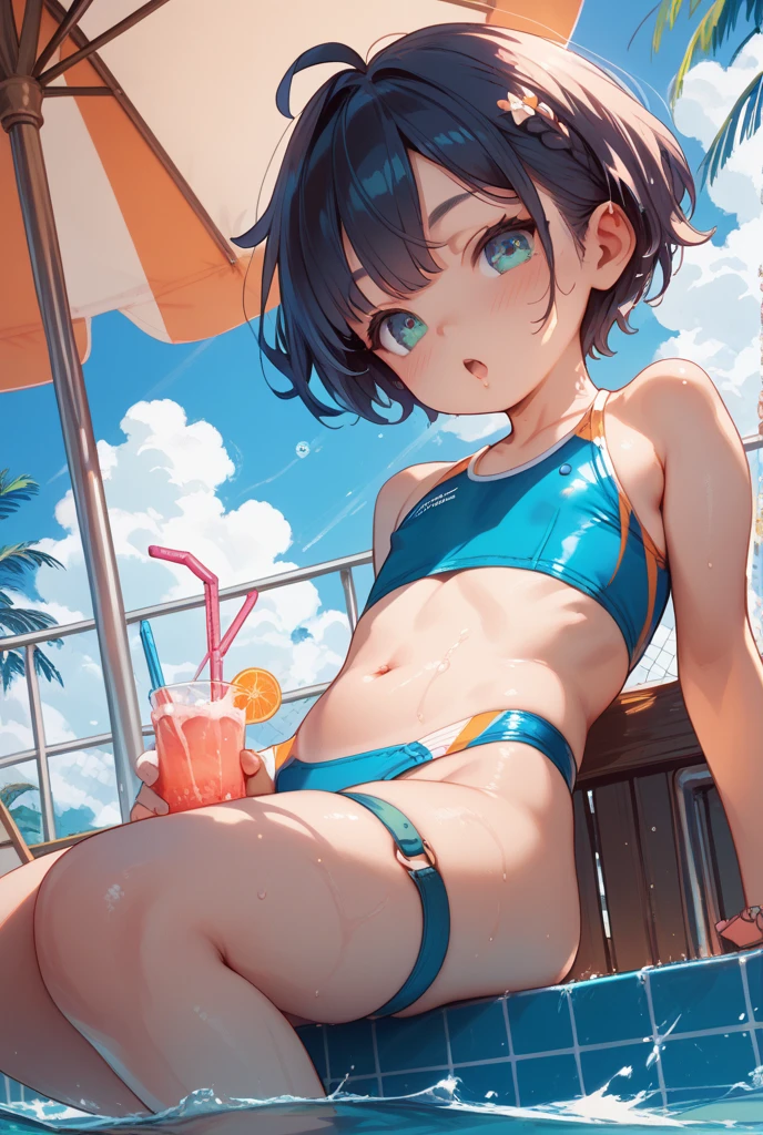 (masterpiece),(beautiful athletic latina is in a Floatie at the beach seaside resort :1.5), she looks like a combo of (:jenna ortega :jessica alba :0.5), (bob cut straight black hair with bangs), (hazel eyes :1.25), wearing a black string thong bikini, and a collar, (full body shot :1.25), cinematic lighting, (neon lighting), charm bracelet, subtle smile,masterpiece, best quality, very aesthetic, palm trees, seashells best quality, glowing eyes, 1girl, multicolored hair, smirk, smile, waterfall , ,ero_arched_back, arched back,