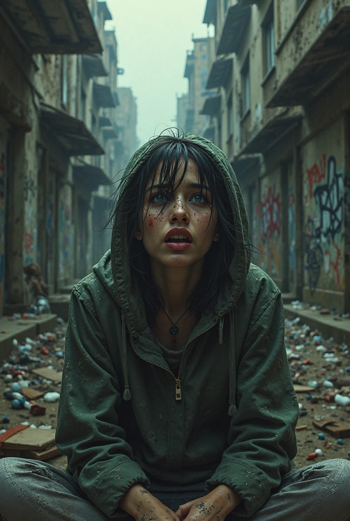 A movie poster featuring a 20-year-old woman in a red hoodie and a gray T-shirt with a pocket, hiding beside a car with a frightened expression as zombies walk past. The setting is Bangkok, with dead bodies scattered on the streets.