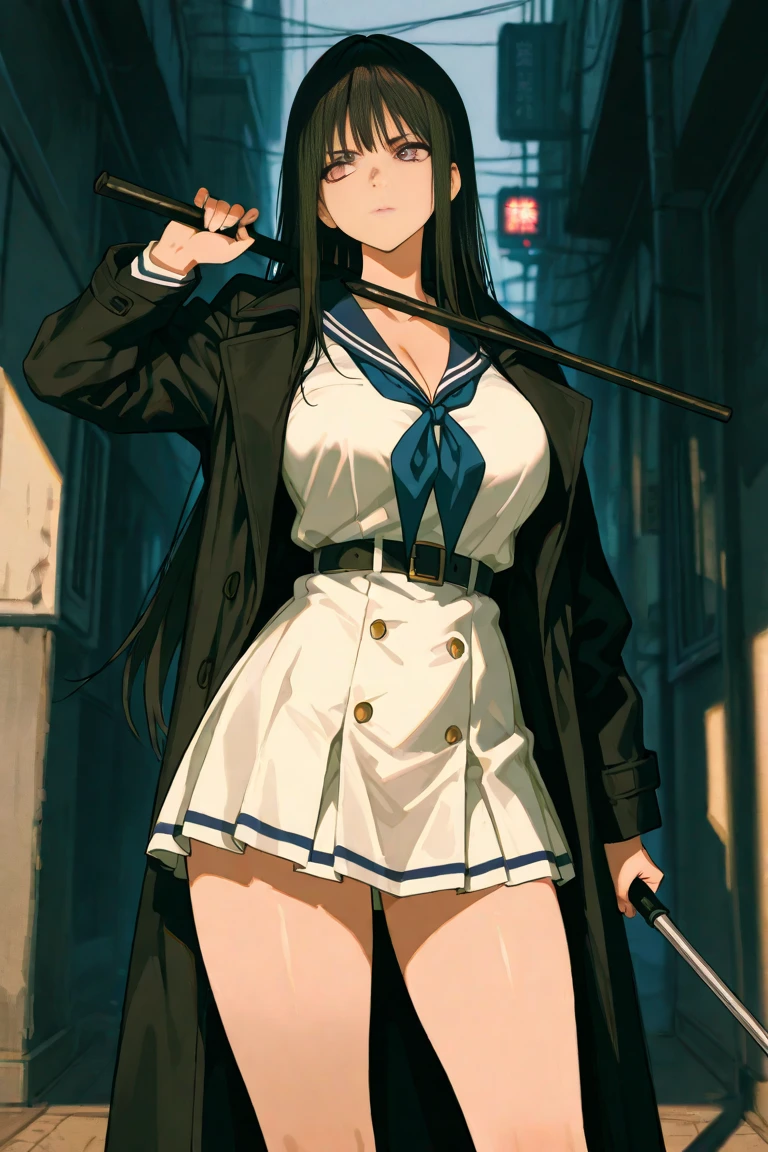 <lora:KanuUnchouV5:1>, kanu unchou, <lora:DOA5LR Ayane Police Costume :0.8>, Police, cleavage, big breast, hair over one eye, (black police peaked cap:1.2), Midriffs, (white shirt:1.2), blue_eyes, front-tie top, Black High-waist shorts, (red belt:1.2), black fingerless gloves, black boots, holster, gun, atmospheric perspective, in the city, 1girl, (fighting pose:1.0), serious, (perfect anatomy:1.2), (masterpiece:1.4), photorealistic, best quality, beautiful lighting, real life, natural makeup, ultra detailed face, ultra detailed eyes, intricate, high detail, sharp focus, dramatic, beautiful girl, (RAW photo, 8k uhd, film grain), caustics, subsurface scattering, reflections, <lora:EyesGen:0.4>, intricate iris, looking at viewer, (glowing eyes:1.2)