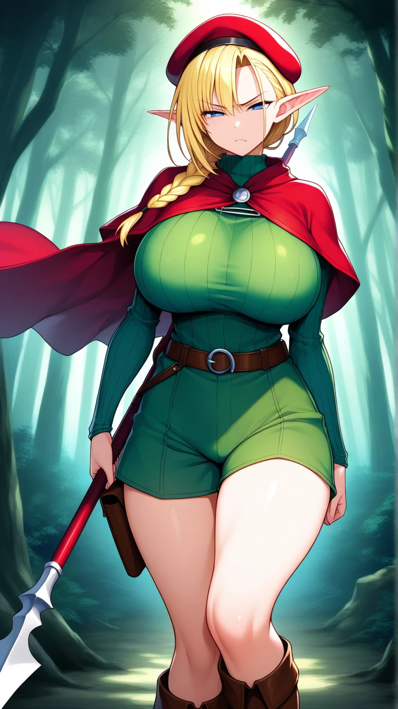 score_9, score_8_up, score_7_up, score_6_up, 1girl,1 man, 1girl, 35 yo, milf, mature woman, huge breasts, saggy breast, She wears a long fur cloak, and her neck and arms are covered in fur-lined green leather. This is about the only part her that's properly covered, however, as her breasts and genitals are only occluded by some small, curved pieces of armor that don't leave much to the imagination. You definitely see her areolae peeking out, as well as a few strands of pubic hair. long hair, red hair, ponytail, huge breasts, outdoors, lewd expression, heart-shaped eyes, beautifuls lips, lisptick,horny girl, 1 strong male grabb her ass from behind, interracial, black male kiss her,NTR, outdoor, in a forest, detailed background, front view,
