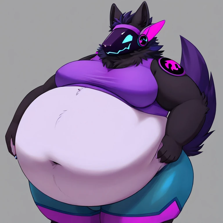 Wolf, female, long hair, huge breasts, huge hips, huge thighs, plump, voluptuous, gorgeous, beautiful, eyelashes, top heavy, bottom heavy, fluffy tail,black fur,black body, purple hair, black stripes bikini , purple stripes,fat, morbidly obese, marble fur pattern