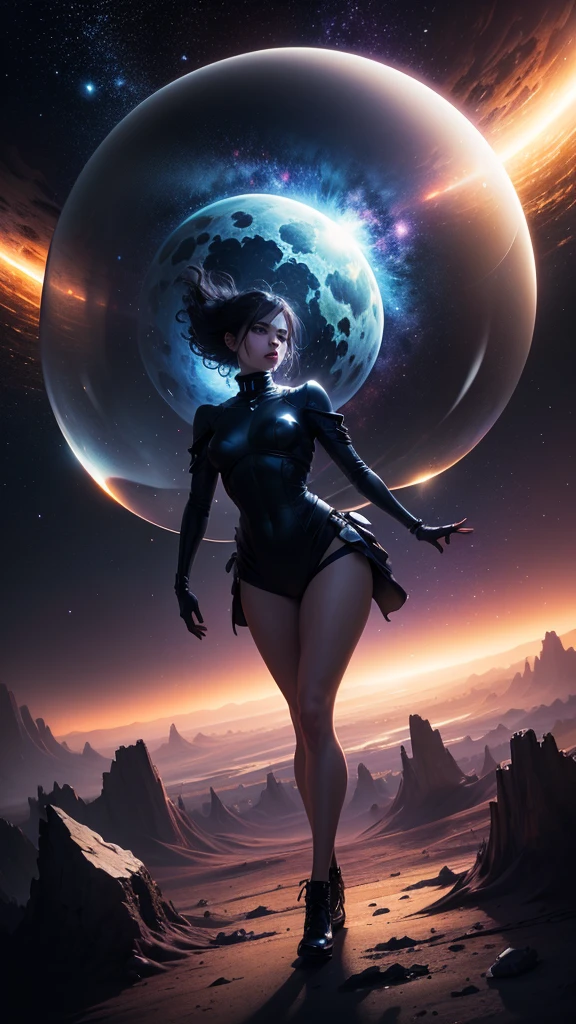 1950's space pinup girl proportional eyes, (realistic:1.5),photorealistic, hyper realistic, (extremely detailed eyes), hyper detailed, soft lighting, (detailed background), extreme detail background, sharp details, ((full body)), female