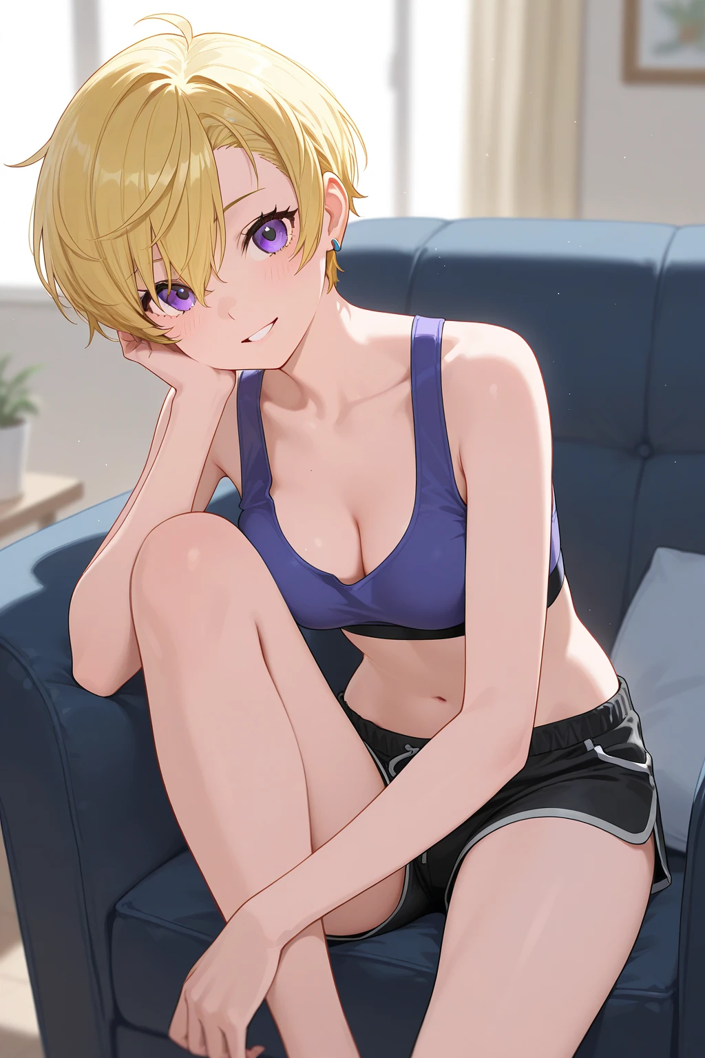masterpiece, best quality, ultra detailed, ultra high resolution, very detailed face, solo, ((anime)), ((from top angle, directly front shot)), 20 years old girl, (((sports bra, pantie))), ((golden short hair)), (((medium breast))), (six pack abs:1.2), (((put hands around the navel))), ((little smile)), (((lying on the bed))), indoor