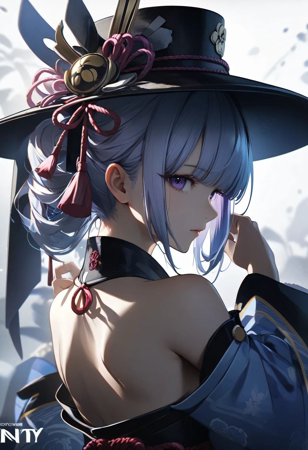 masterpiece, best quality, high quality, extremely detailed CG unity 8k wallpaper, extremely detailed, High Detail, vibrant colors, anime style, cover art,(artist:quasarcake:0.8),extreme aesthetic,(wlop:0.6),masterpiece,best quality,good quality,newest,very aesthetic,absurdres,Visual impact,32K UHD,sharp focus,(mogumo:1.1),(good hands, nice hands:0.5),impactful picture,offcial art, scottie \(phantom2\), genshin impact, honkai \(series\), ayaka kamisato \(genshin impact\), the ayaka kamisato \(genshin impact\), 1girl, bare back, bare shoulders, black hat, breasts, detached sleeves, fingernails, from behind, hair lift, hand in own hair, hands in hair, hat, holding, holding own hair, long hair, looking at viewer, medium breasts, nail polish, nape, official alternate design, purple eyes, purple nails, solo, upper body, very long hair, White background, ((yoneyama mai style))