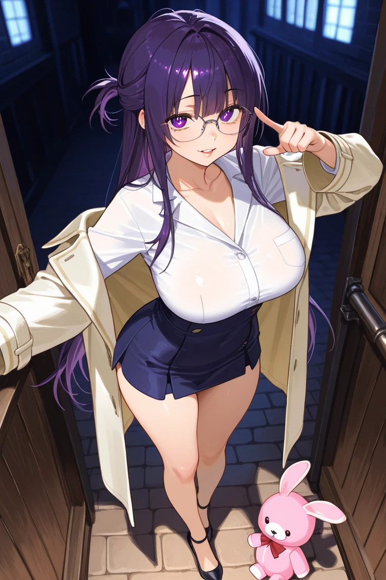 masterpiece,Big Breasts,beauty,Purple glasses,Black Hair,Side Ponytail,Bloody,Rabbit Mask,wielding an ax,Standing under a streetlight,night