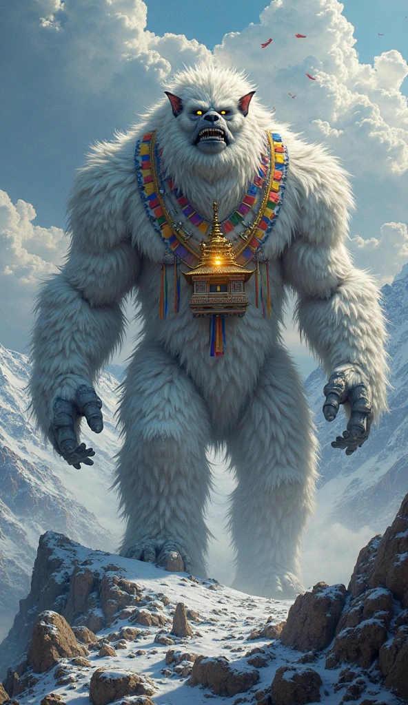 ((A humanoid white polar bear with abnormal musculature, very robust, blue eyes is standing looking up looking at the sky and uses some animal hides as clothing)), frozen ground and desert scenery, no trees there are no plants on this planet. Low left photography angle 