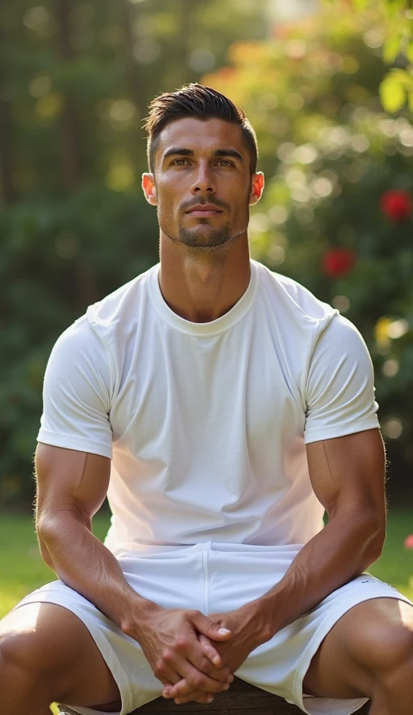 a handsome  boy, masculine, realistic, upper_body, (masterpiece, best quality:1.2), darelljones, elegant pose, white shirt, blue jeans, outdoors, natural light,, (masterpiece,best quality:1.5)