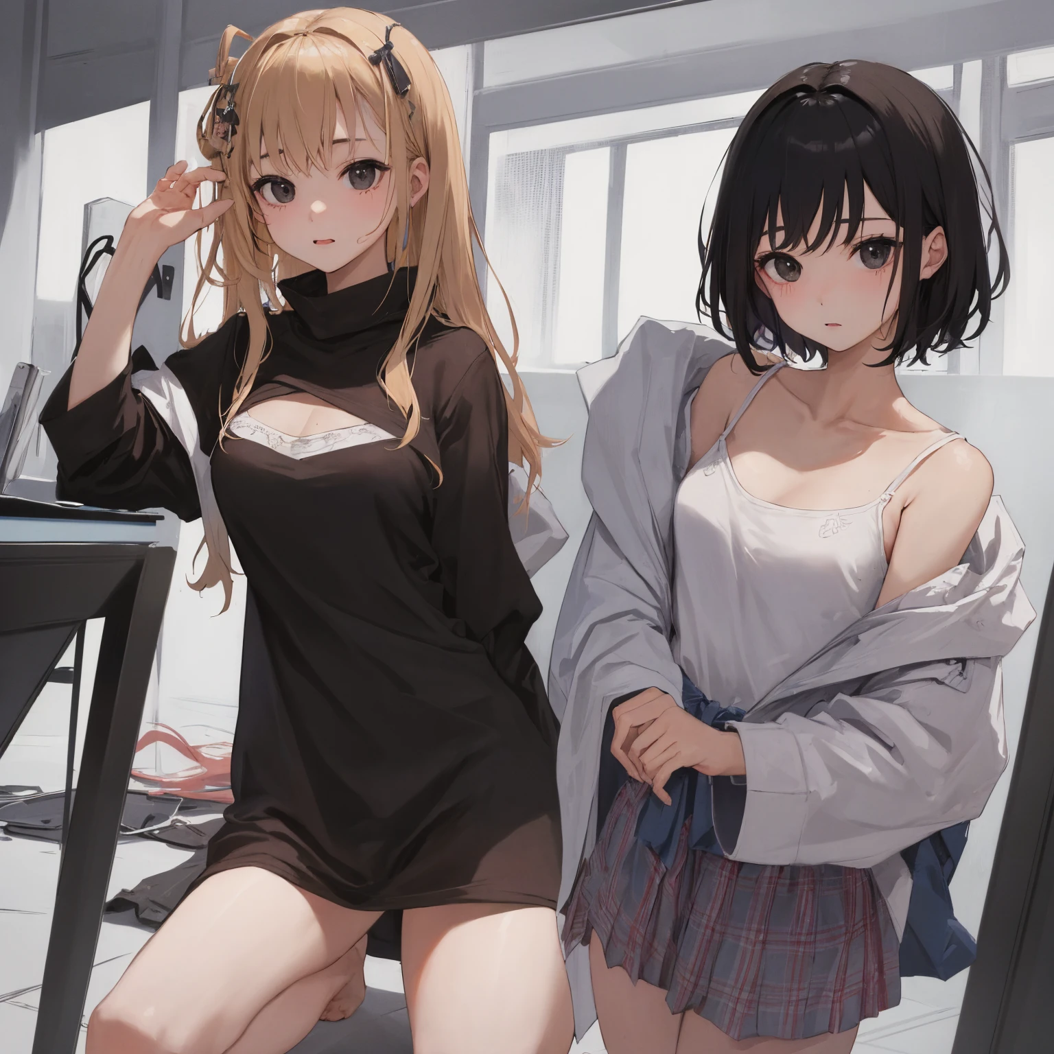 ((highest quality)), ((masterpiece)), ((3 woman:1.5)), cute woman are posing for a camera, (indoors, cute design room, cushion, cuddly toy, books,), ((upper body)), (Lifting SHIRT:1.3), (open your mouth and laugh:1.3), ray tracing, ((tits)), nipples, breasts, hair band, headband, hair bobbles, blouse, shirt, (line up in a row), 12 talents、13 years old、14 years old、15 years old, silver hair, brown hair, blond hair, (navel), jewelry, looking at viewer, necklace, long hair, short hair, (abs),(Depth of the bounds written), (My skirt is completely blown up by the strong wind.:1.2),
