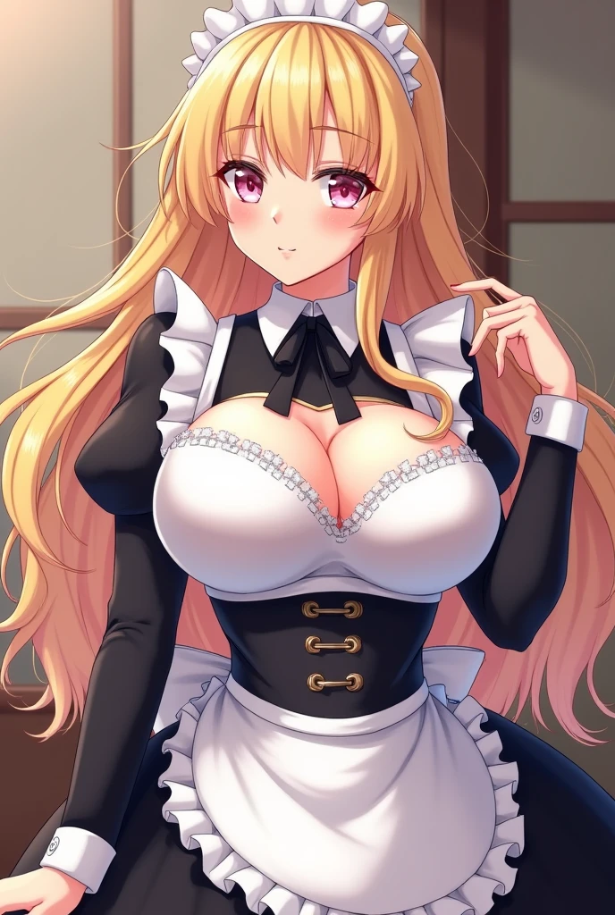 The luxurious and high-class Victorian maid outfit is covered with luxurious gold embroidery and edging, and the blouse, apron, and headband are also decorated with luxurious gold embroidery and edging, exposing the breasts and showing the nipples.、((Highest quality)), ((masterpiece)), (detailed), (Perfect Face)、The woman is Tierre, with green eyes, medium-long blonde hair, a Victorian maid outfit and maid headband, jeweled earrings, and an engagement ring.、The woman is smiling fondly in a luxurious room、The Victorian maid uniform is a calm, old-fashioned type with long sleeves and a long skirt, decorated with luxurious gold embroidery and edging.
