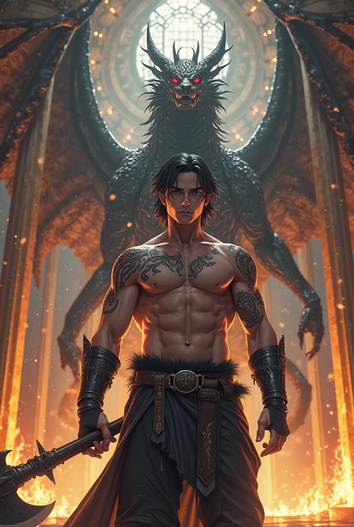 Brown-haired boy with defined brown hair without a shirt and tattoos all over his body , with the name Marcelo on the chest , With one hand in my pocket , and holding a legendary magical black katana , a black magic dragon at his rear , and a burst of water magic and flames around