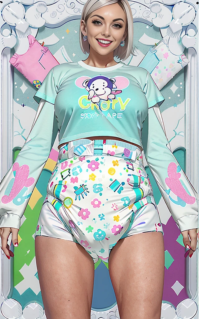 ABDL, (diaper lover), ((Sexy)) busty woman wearing (huge diaper), (magical), colorful, detailed, huge breasts, wide hips, seductive, bokeh, ((latex)), (in a bedroom), cute, white teeth, (pool inflatables),