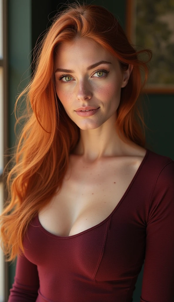 Eine Frau, 26 Jahre alt, with dyed red hair pulled back in a strong and tight braid, Mischung aus 10% Megan Fox und 15% Gal Gadot und 20% Blake Lively, 172cm height, 68kg Gewicht, clear green eyes, lange Wimpern, perfekt geformte Augenbrauen, slim and well-defined body, curvy body, elegant thin nose, kleine Ohren, vollen Lippen, White teeth, kleine, weiche, ladylike hands, painted fingernails, wears black lingerie, high resolution, Meisterwerk, best quality, komplizierte hohe Detailgenauigkeit, Sehr detailliert, scharfer Fokus, detaillierte Haut, realistische Hautstruktur, echte Hautstruktur, Realistische Textur, Fachmann, wahres Leben, ultrarealistisch, Fotorealismus, Fotografie, realistic Fotografie, UHD, (drinnen, kniend in einem dunklen Raum mit schwarzem Interieur, weniger Licht, hole body)
