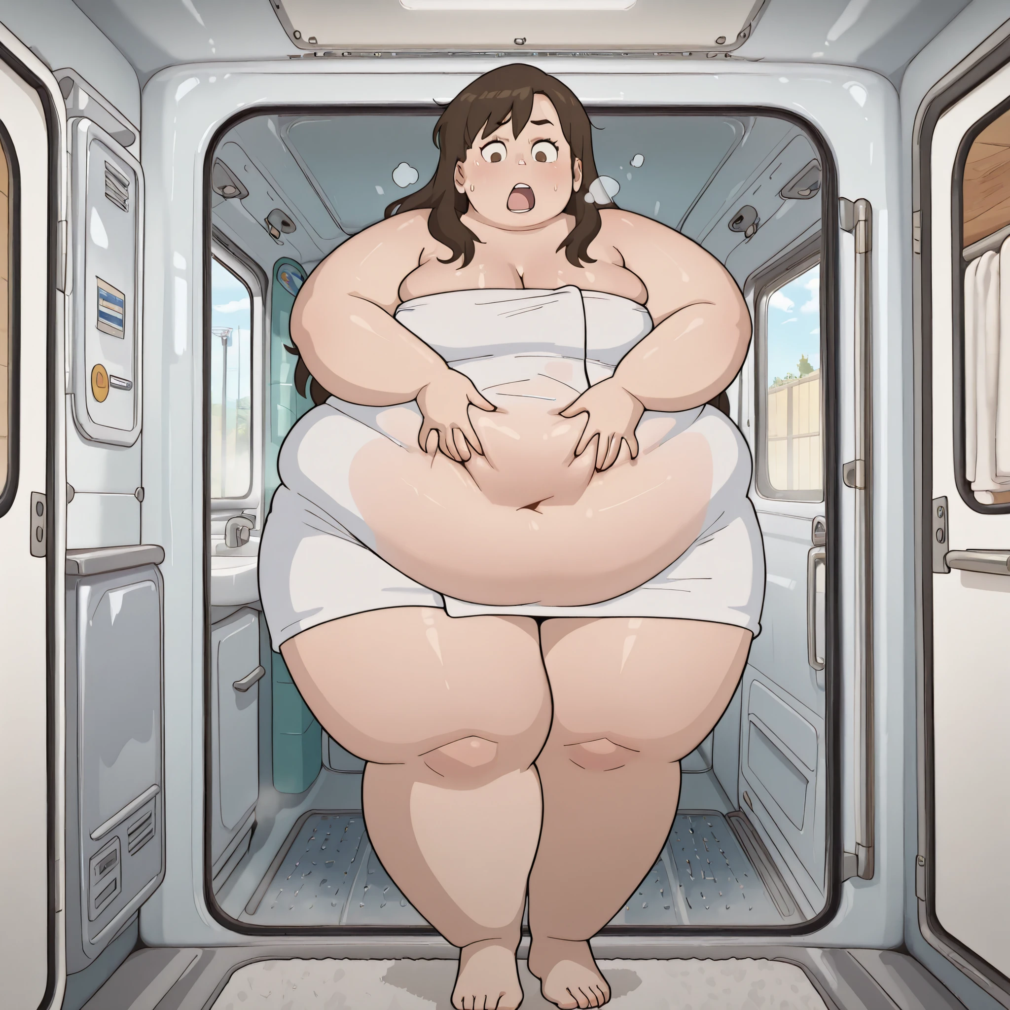 masterpiece,best quality,amazing quality,very aesthetic,absurdres,newest, huge filesize,
anime screenshot, 


Robot on the Road,
1girl,naked towel, 
barefoot
long hair,brown hair,
medium breasts,
navel,
r_mina,
 indoors, huge camper van , bathroom, fat, chubby, obese, gigantic arms and legs, large breasts open mouth, out of breath hands on belly,
