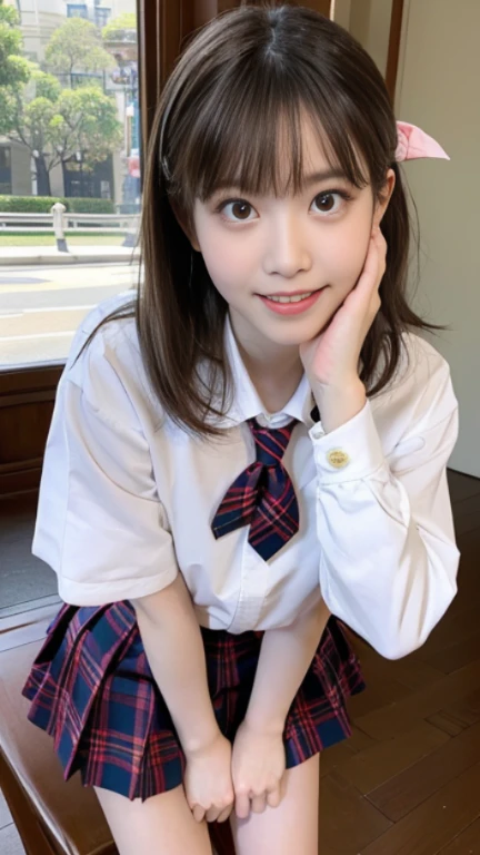 (Realistic, photographrealistic:1.2), ((Best Quality)), (I can see my panties:1.5), (crouching down:1.4), spread legswide, Squat with your knees raised, beautiful faces detailed, Real Human Skin, Gentle expression, Front view, Angle from below,Thigh close-up, Realistic, Photorealistic, Cute, Short skirt with plaid pattern, school ground, cute school girl, Japan schoolgirl uniform, full body Esbian,Happy smile, Natural smile, A charming smile, (Looking at Viewer:1.2)