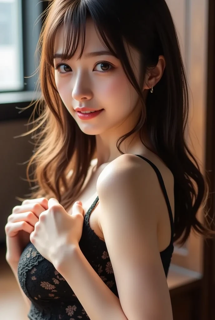 (8K、Raw photography、top-quality、​masterpiece:1.2)、(realisitic、Photorealsitic:1.37)、ultra-detailliert、超A high resolution、女の子1人、see the beholder、beautifull detailed face、A smile、Constriction、(Slim waist) :1.3)、Beautiful detailed skin、Skin Texture、Floating hair、Professional Lighting、Whole human body、Dot Underwear、cleavage of the breast、childs room、a bed、the morning sun、Suppin、Bun hairstyle、E-cup、Happy smile、sixteen years old、Red ribbons、Crisp buttocks、Buttocks