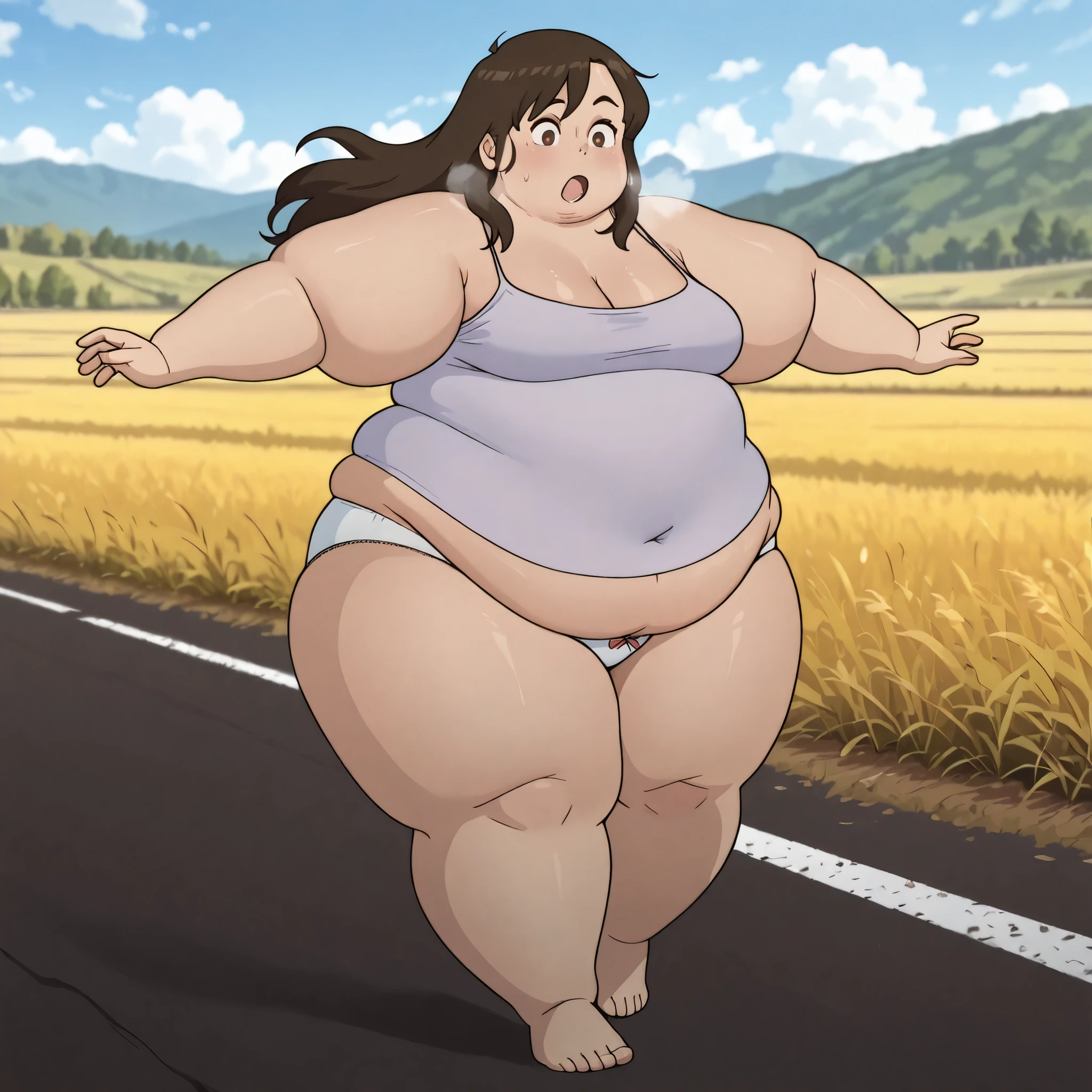 masterpiece,best quality,amazing quality,very aesthetic,absurdres,newest, huge filesize,
anime screenshot, 


Robot on the Road,
1girl,underwear
panties, camisole,barefoot
breasts,bow panties,
long hair,brown hair,
white panties,medium breasts,
navel,underwear only,
r_mina, fat, chubby, obese, gigantic arms and legs, large breasts open mouth, out of breath