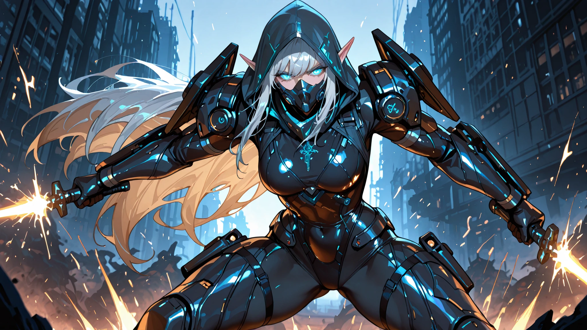 A cybernetic elven female assassin in a dynamic half-body combat pose, holding two elegant elven daggers with glowing runes. She has sharp, angular features, glowing eyes, and long flowing silver hair. Her pointed elf ears are visible beneath a sleek hood or tactical helmet. She wears a futuristic stealth suit with integrated armor plating and glowing circuits, blending fantasy and sci-fi aesthetics. Her arms are partially cybernetic, with mechanical details and agile-looking components. The background suggests motion blur or a high-tech urban battlefield with sparks or energy effects, emphasizing action and intensity. Cinematic lighting, dark and dramatic mood.