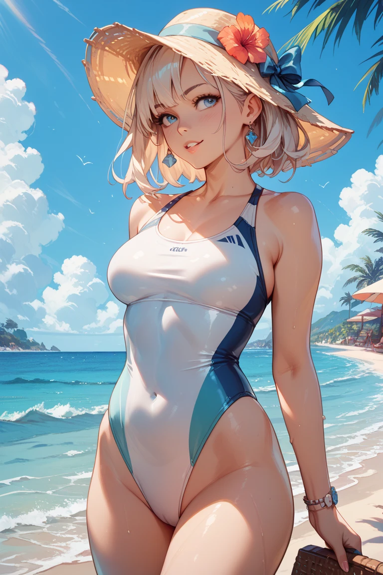 Mulher adulta, madura, forte, seios pequenos, In white swimsuit on the beach at night. Neon Sky. Cabelo preto, sunglasses on the head. Imagem da cintura pra cima. Golfinho pulando no mar ao fundo.