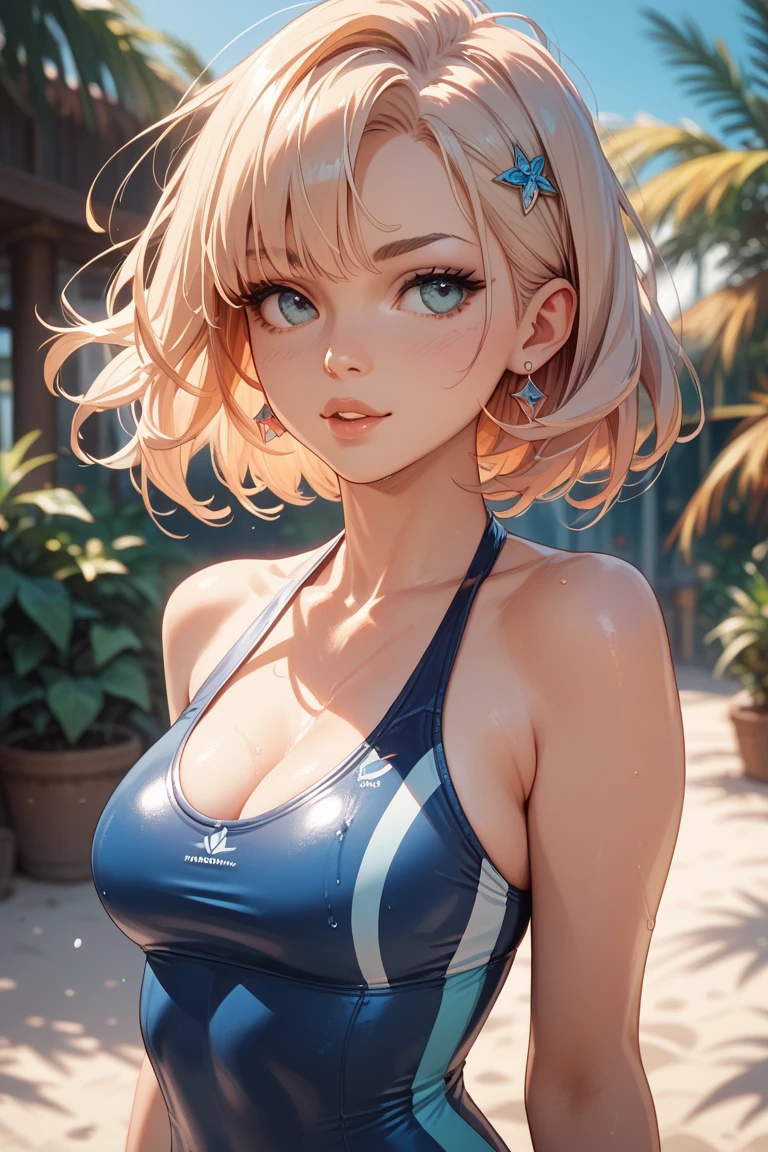 (masterpiece,Highest quality,Ultra-high resolution), (((Very clean))), Silver Hair､ ((Beautiful low ponytail)), Very cute face, Glossy Lips, Large Breasts、 Natural Makeup, Long eyelashes, Shiny and smooth hair､Center image, Perfect limbs, Perfect Anatomy,(((Navy School Swimsuit)))、((See through)),Sweat,expensive,Pool,Erect nipples,See through