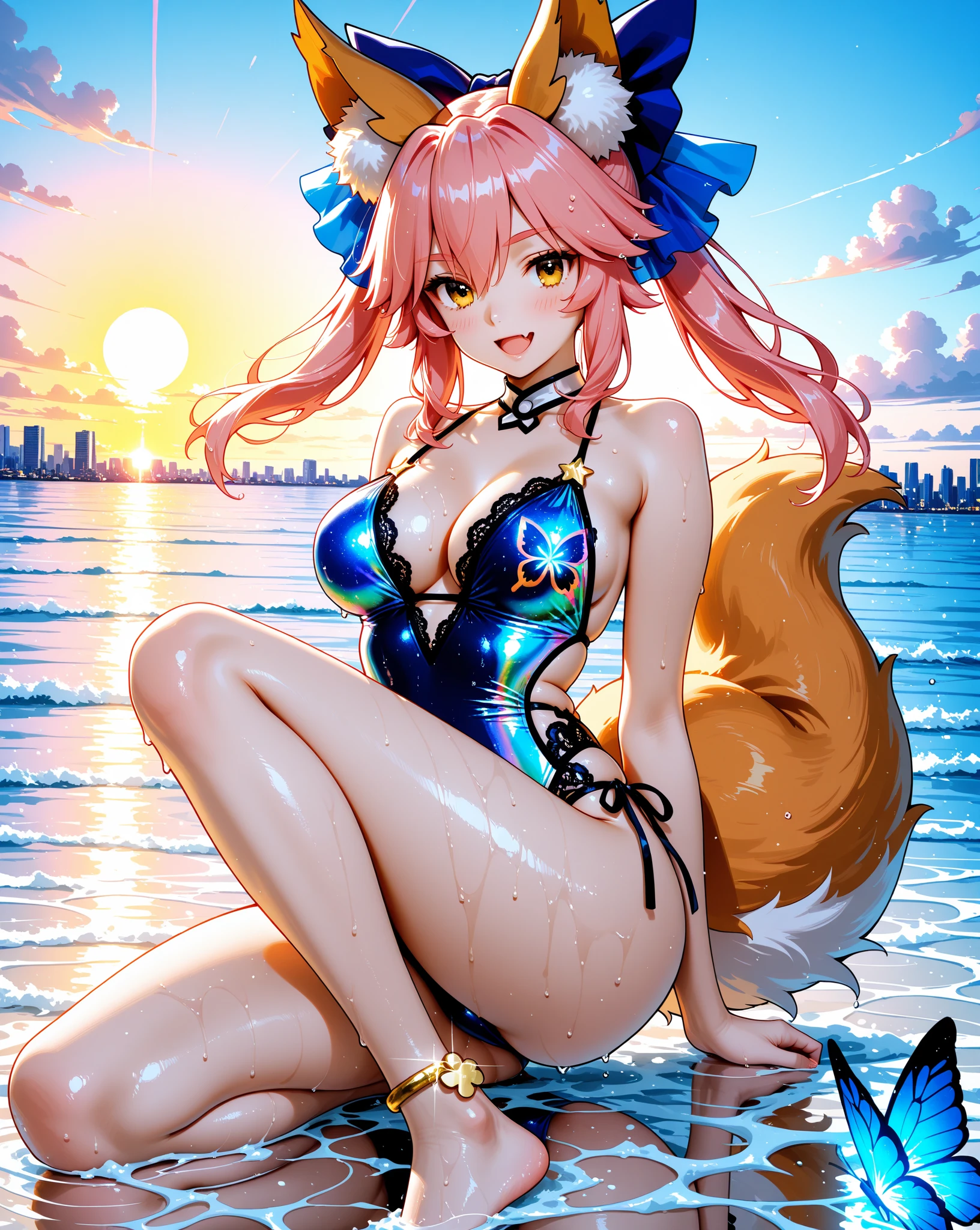Spirit Blossom Ahri, bem detalhado, despida, na praia, mostrando o corpo todo, bastante sensual, durante o por do sol, com suas caldas bastante chamativas.
