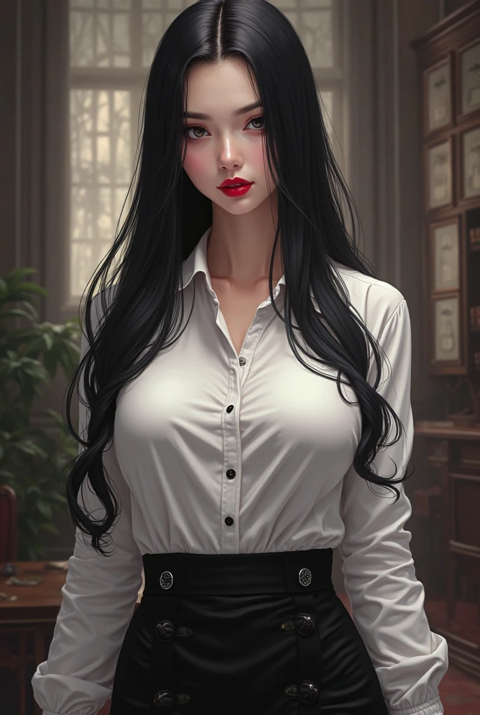 Taki, sitting on a table , (heavy eyeshadow, red lips), slender, White open shirt, no bra, pendant, fantasy art, concept art, delicate features, feminine, auburn hair, seductive, Chiaroscuro lighting, (style of howard chandler christy:1.0), (charcoal sketch by jean-joseph benjamin-constant:1.3)